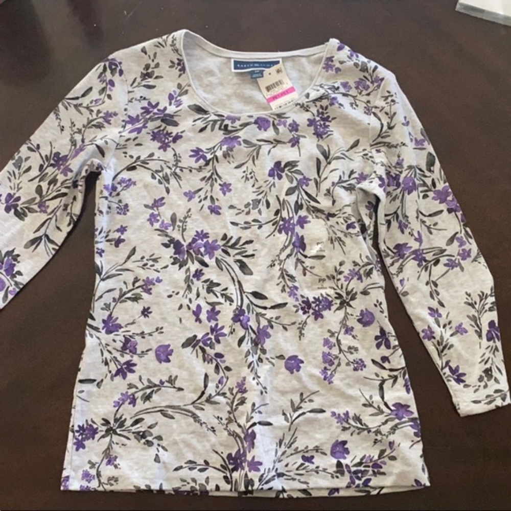 Karen Scott Long-Sleeve T-Shirt Pale Grey Sz PP